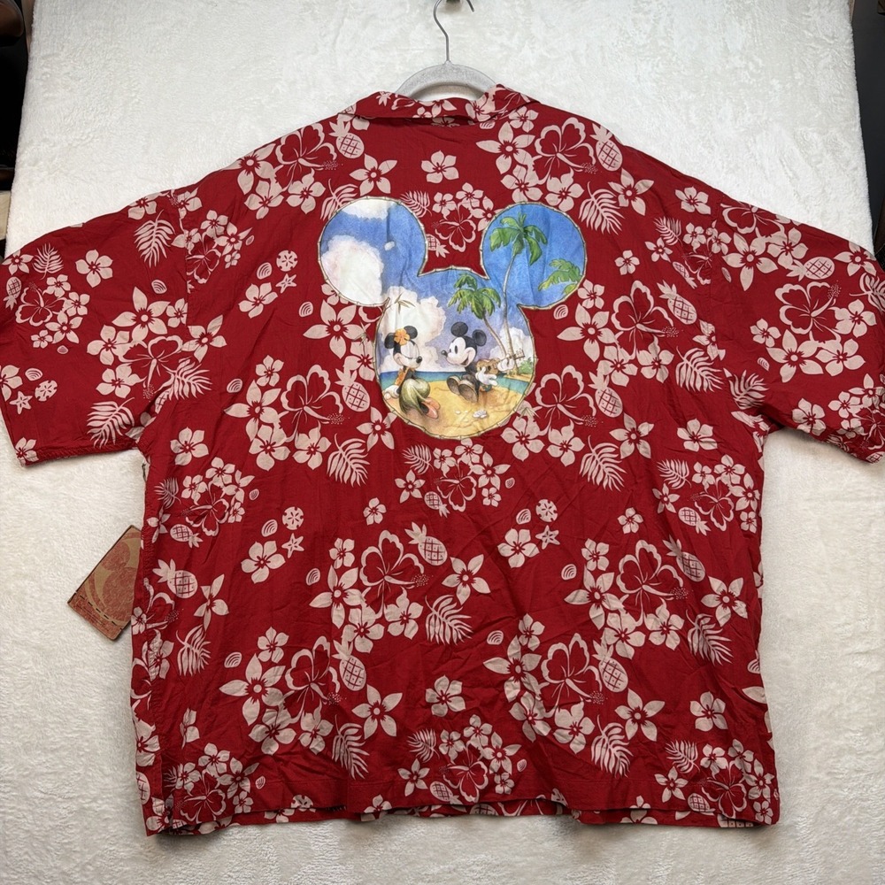 Disney Mickey‎ Mouse Hawaiian Shirt Red Floral Camp Button Up Aloha XXL NWT